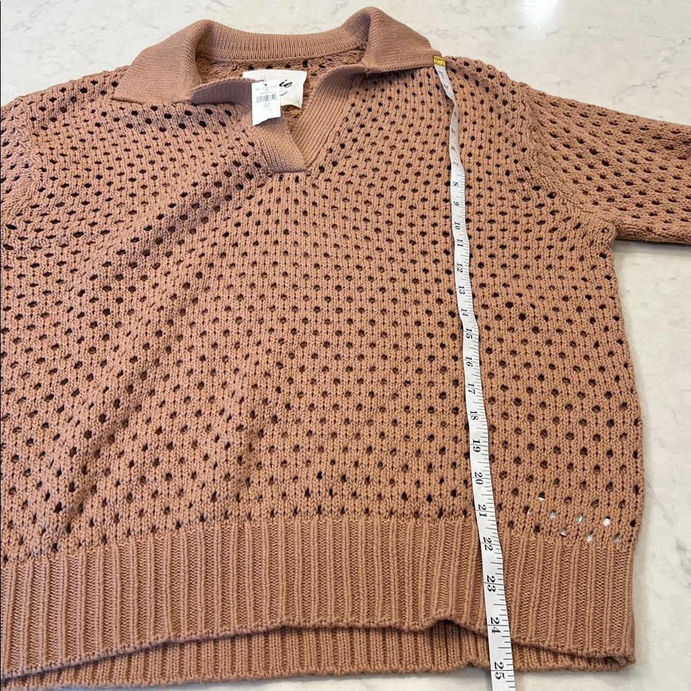 Aerie NWT Oversized Open Knit Polo‎ Sweater in Tan 100% Cotton Size Small - Picture 7 of 9